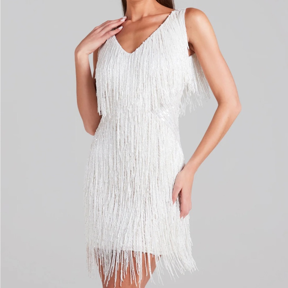 NADINE MERABI White Beaded Fringe Mini Dress